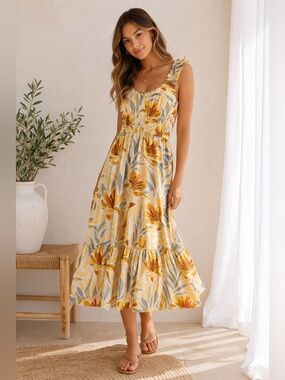 Floral Midi Dress Size S Yellow Boho Sundress Cottagecore